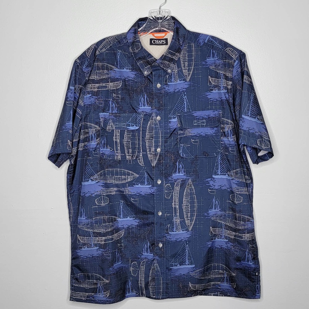 Chaps Vented Fishing Shirt Size L Mens Dark Blue Boat Print Button Short Sleeve